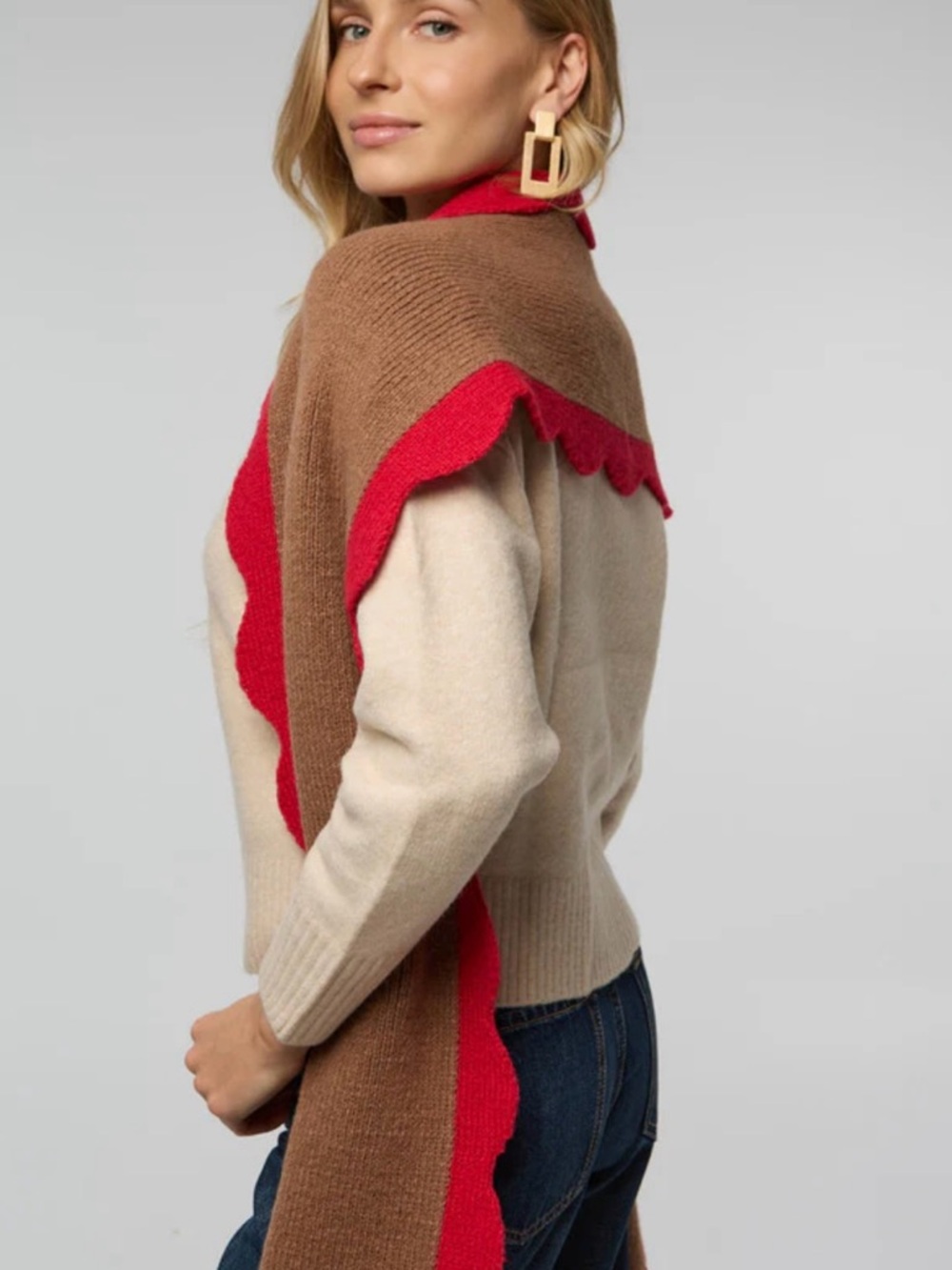 Anthropologie Red and Tan Ribbed Knit Sweater